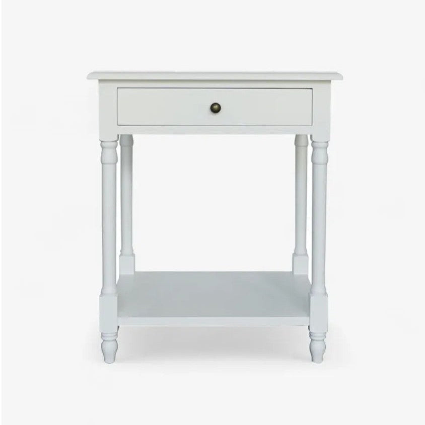 White side table with a drawer on a white background