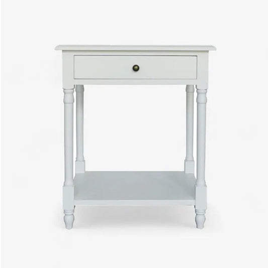 White side table with a drawer on a white background