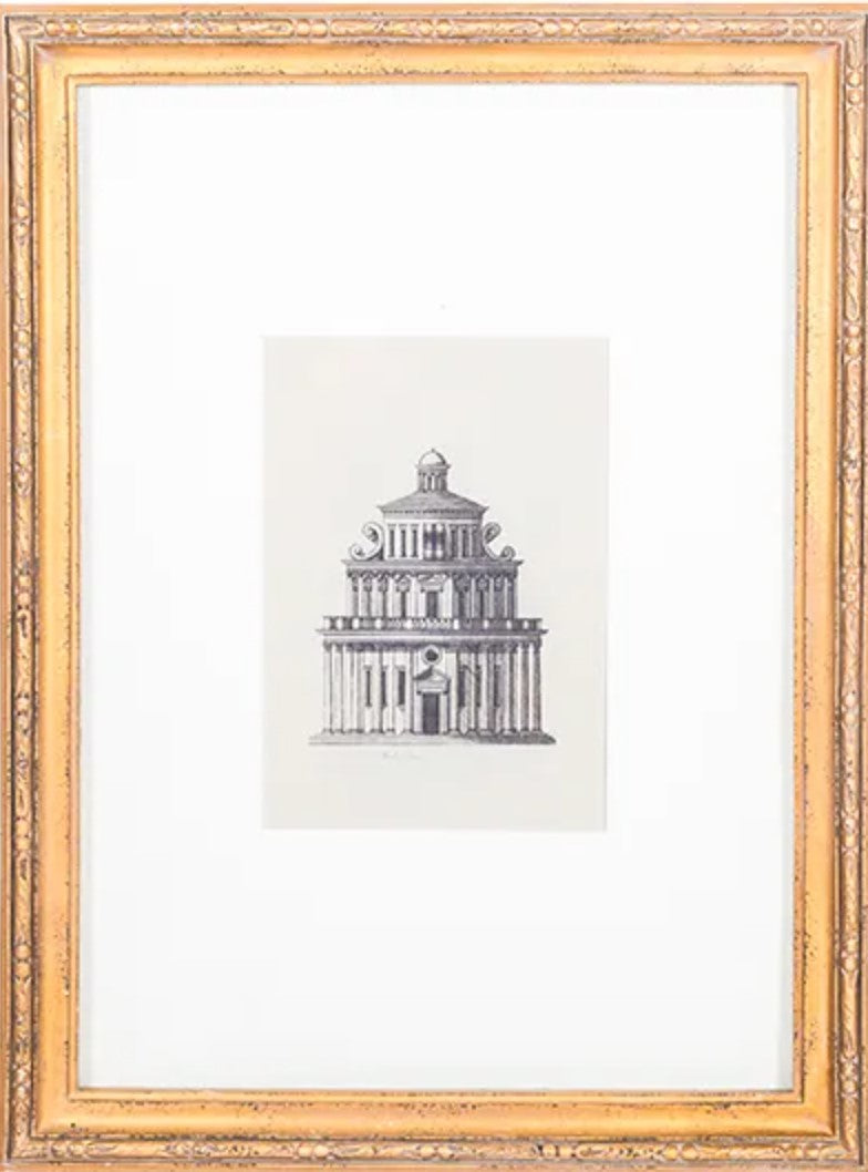 This charming architectural print features an elegant, aged gold frame with carved detailing. Front