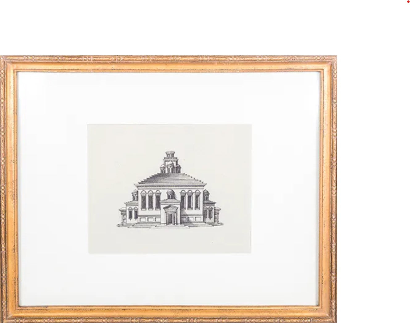 This charming architectural print features an elegant, aged gold frame with carved detailing. Front