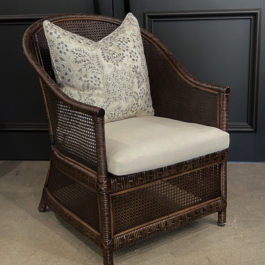The Matteo Rattan & Timber Armchair is the ultimate in natural style. This generously proportioned armchair has a timeless and elegant design, thanks to the way it’s been skillfully crafted using traditional techniques. The rattan material gives the chair a beautifully elegant, tactile and natural quality. Front