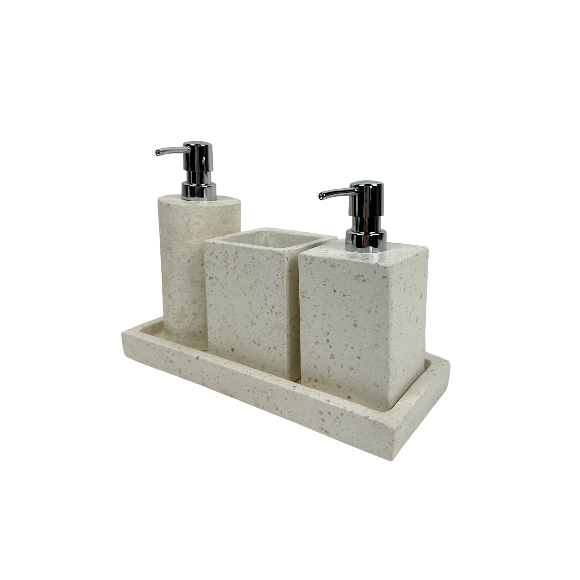 Indulge in the luxurious touch of stone with the White Stone Bathroom Collection. This sophisticated set adds a subtle, yet intricate texture to your bathroom decor, elevating both its functionality and aesthetic appeal. The elegant design and effortless, organic feel make each piece a must-have for your space. 