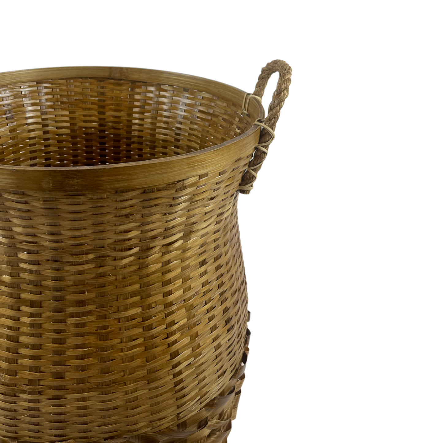 The attractive yet functional Fitri Handcrafted Bamboo Basket with handles is made in the South East Asia Islands in a design handed down from generation to generation. Close up.