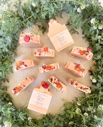 A Peony Rose Handmade Soap infused with French clay that is subtly spicy and a touch of sweet, like a beautiful bouquet of peonies. It’s this colour and scent that make Peony Rose the epitome of spring and Pure Apotheca’s favourite spring soap bar. Styled.