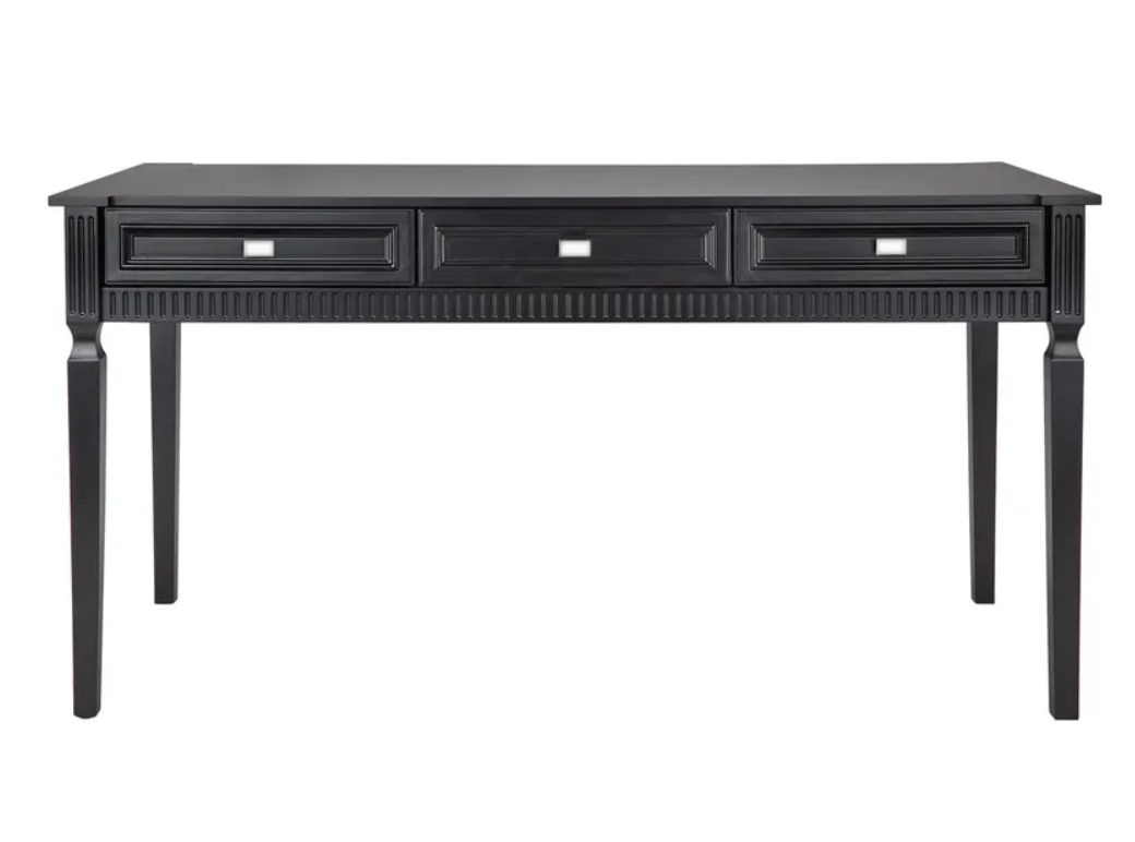 Boost your office or studio's style and utility with the modern classic Lucca Desk. Featuring elegant, clean lines and timeless black satin finish, it also boasts three easy-glide drawers to bring function and form to your space. Upgrade your work area with the ultimate in sophistication and practicality. Front