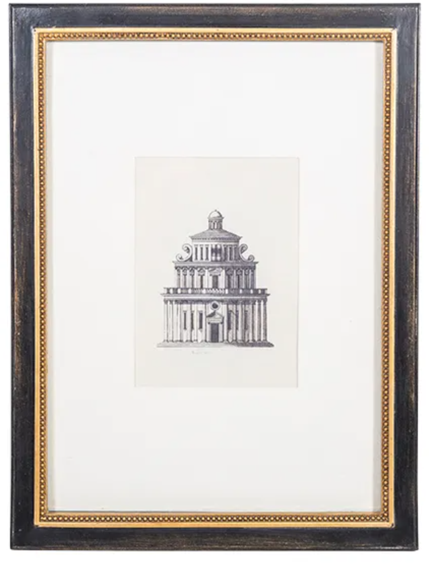 This charming architectural print features an elegant black frame with gold beading detailing. Front