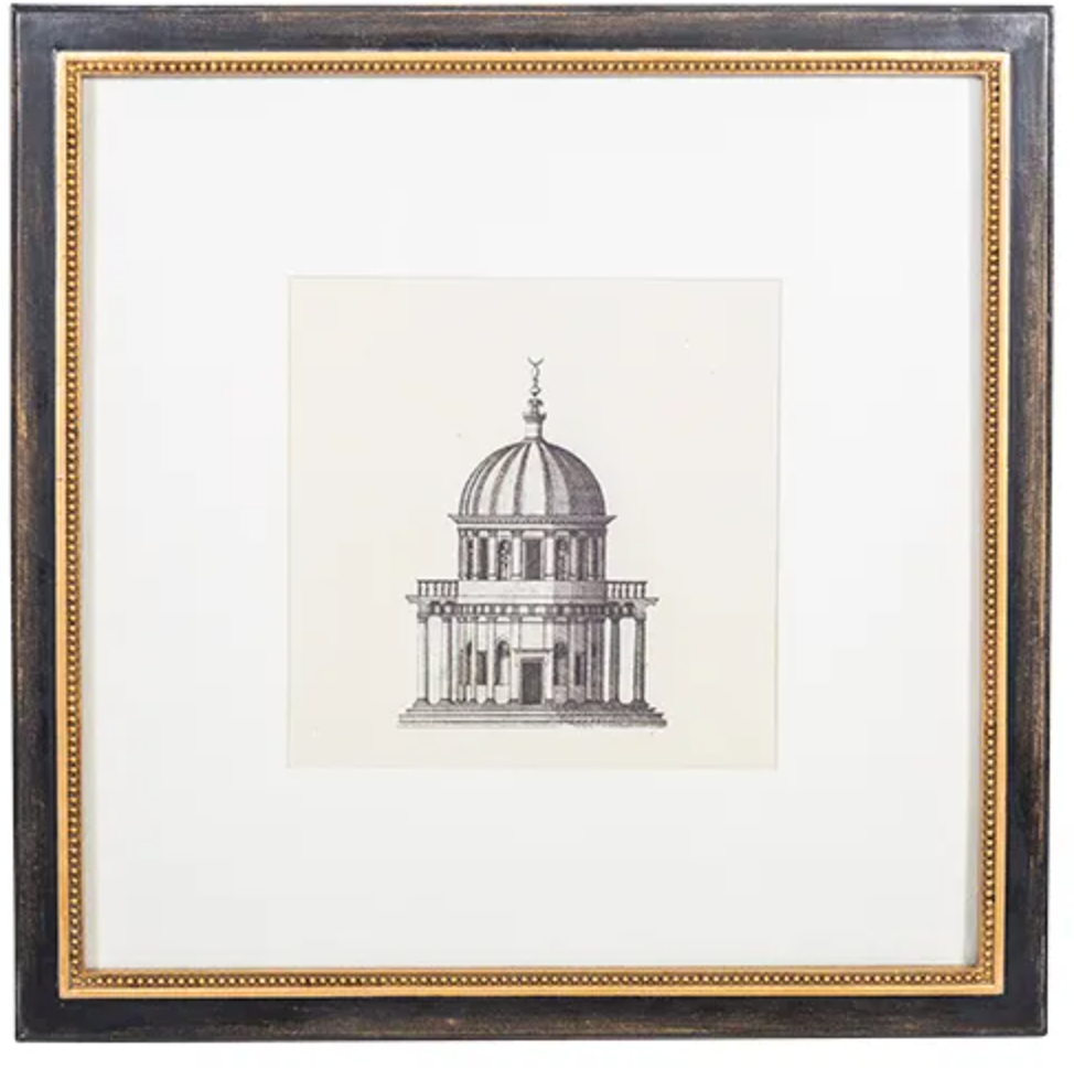 This charming architectural print feature an elegant black frame with gold beading detailing. Front