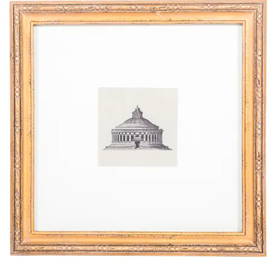 This charming architectural print feature an elegant aged gold frame with gold beading detailing. Front