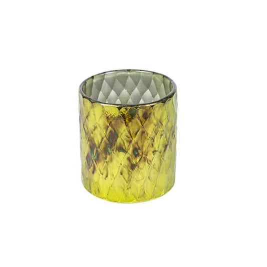 This individual piece is blown by hand with barfi cut glass detailing in lime oxidised tones. Use this hurricane as a candleholder around the home to add warmth and luxury. Front.