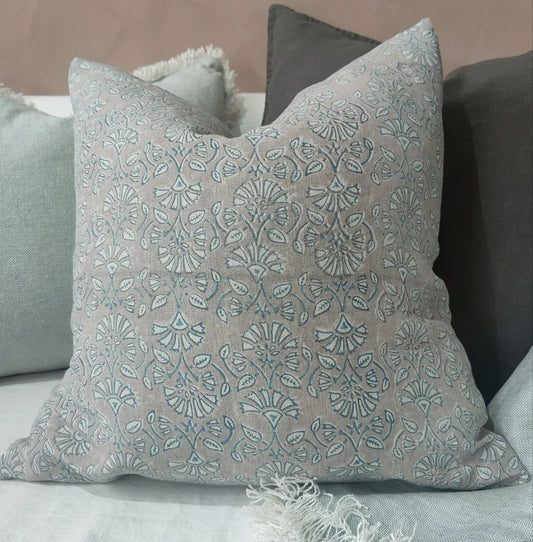 The Sumatra Artisan Block Printed Pure French Linen Cushion has been crafted using heavy weight pure French linen fabric. The unique design showcases charming uneven and textured effects of hand block-printing on oatmeal/natural flax linen.