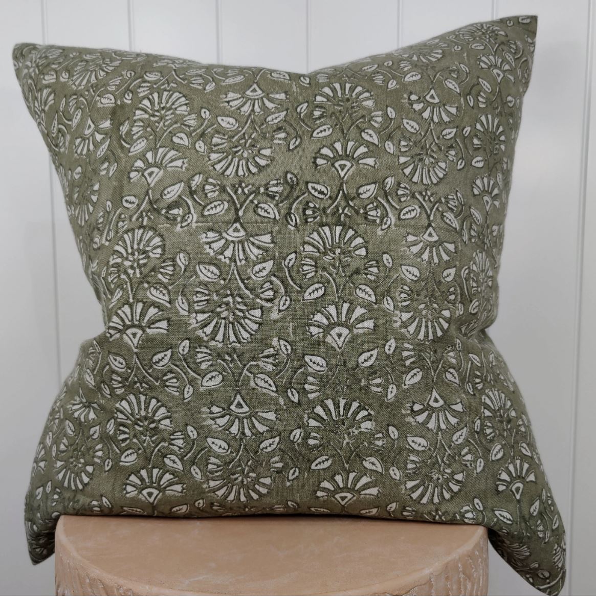 The Sumatra Artisan Block Printed Linen Green Cushion has been crafted using heavy weight pure French linen fabric. The unique design showcases charming uneven and textured effects of hand block-printing on oatmeal/natural flax linen with green tones.