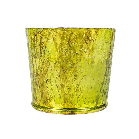 This individual piece is blown by hand with Barfi cut glass detailing in lime oxidised tones. Use this hurricane as a candleholder around the home to add warmth and luxury.