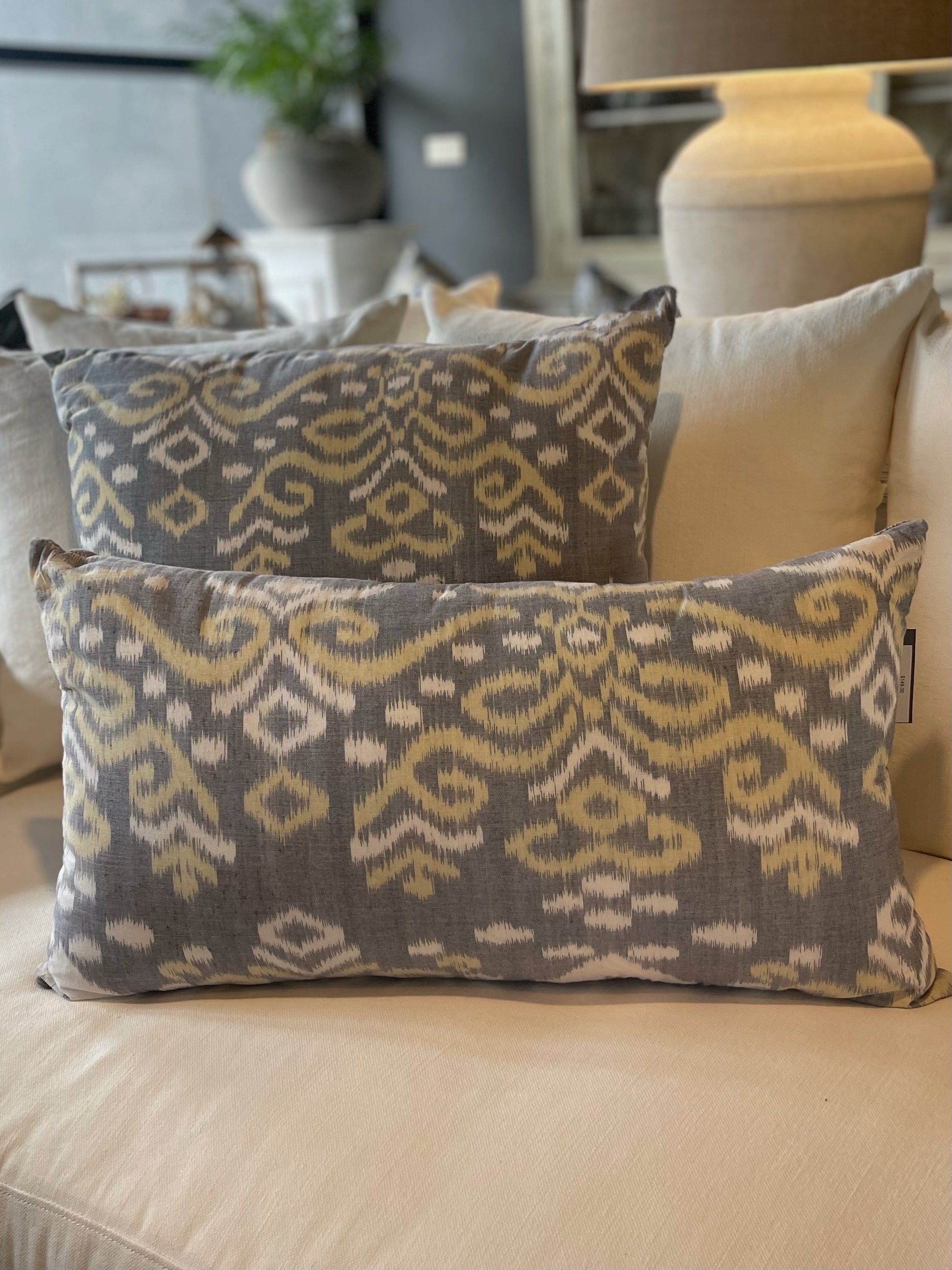 Our Lintang Batik Handwoven Cotton Cushion boast an exquisite cotton fabric and feature intricate designs crafted using traditional techniques popular in South East Asia. Front.