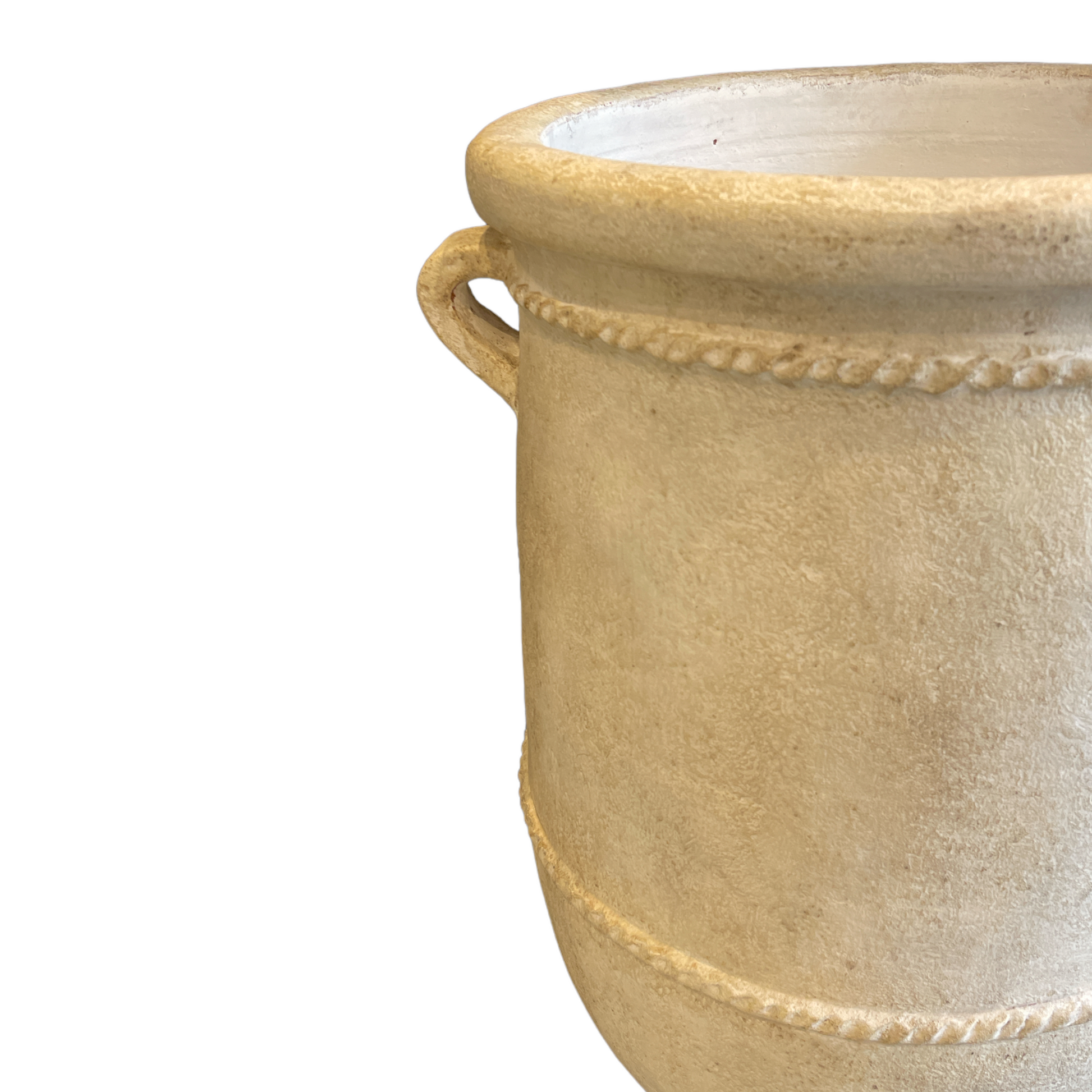 With a classic, traditional shape, this textured pot has a rustic whitewashed look giving this decorative piece character.