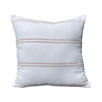 Experience the exquisite craftsmanship of our Kemala Handwoven Cotton Stripe Cushion collection, featuring a delicate striped design handwoven from premium cotton. Its understated color scheme adds a touch of elegance and pairs seamlessly with any home decor. Front.