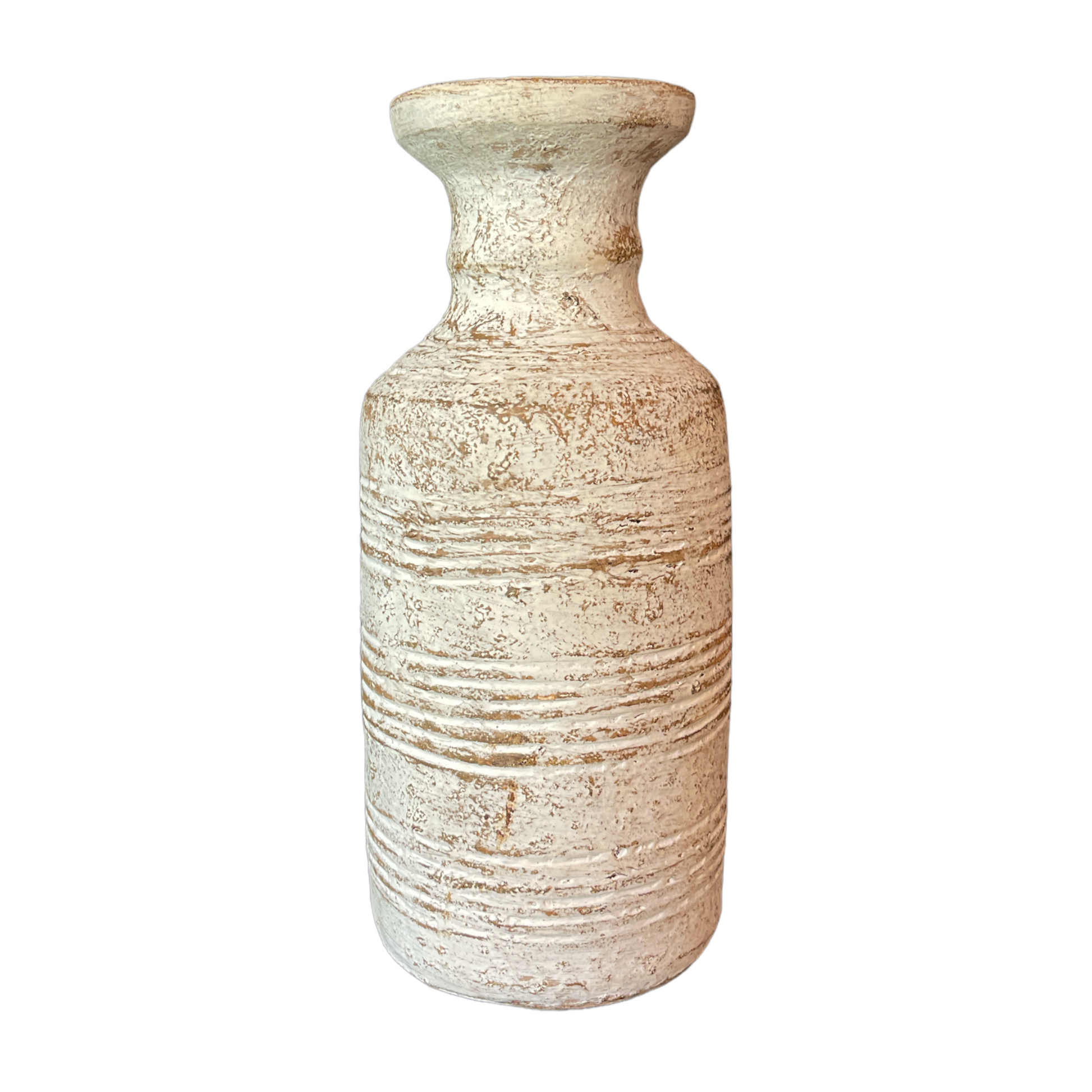 This beautiful rustic terracotta vase with neutral white tones makes it perfect for the bedroom, to place on a bedside table or as part of the living room decor. Front