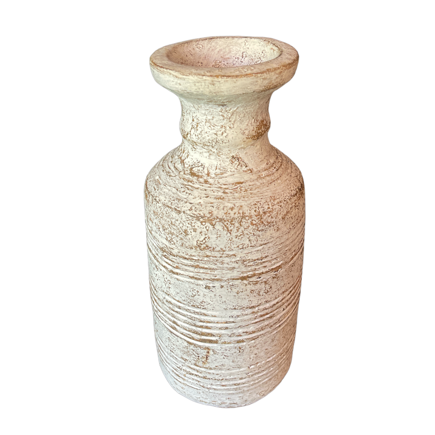 This beautiful rustic terracotta vase with neutral white tones makes it perfect for the bedroom, to place on a bedside table or as part of the living room decor. Front