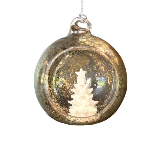 Experience the magic of the holiday season with our stunning Christmas Tree Ball Decoration! This charming hanging ornament boasts a beautiful silver and gold speckled finish, perfectly complemented by a festive white Christmas tree inside.&nbsp;

Dimensions: 9cm H x 8cm W