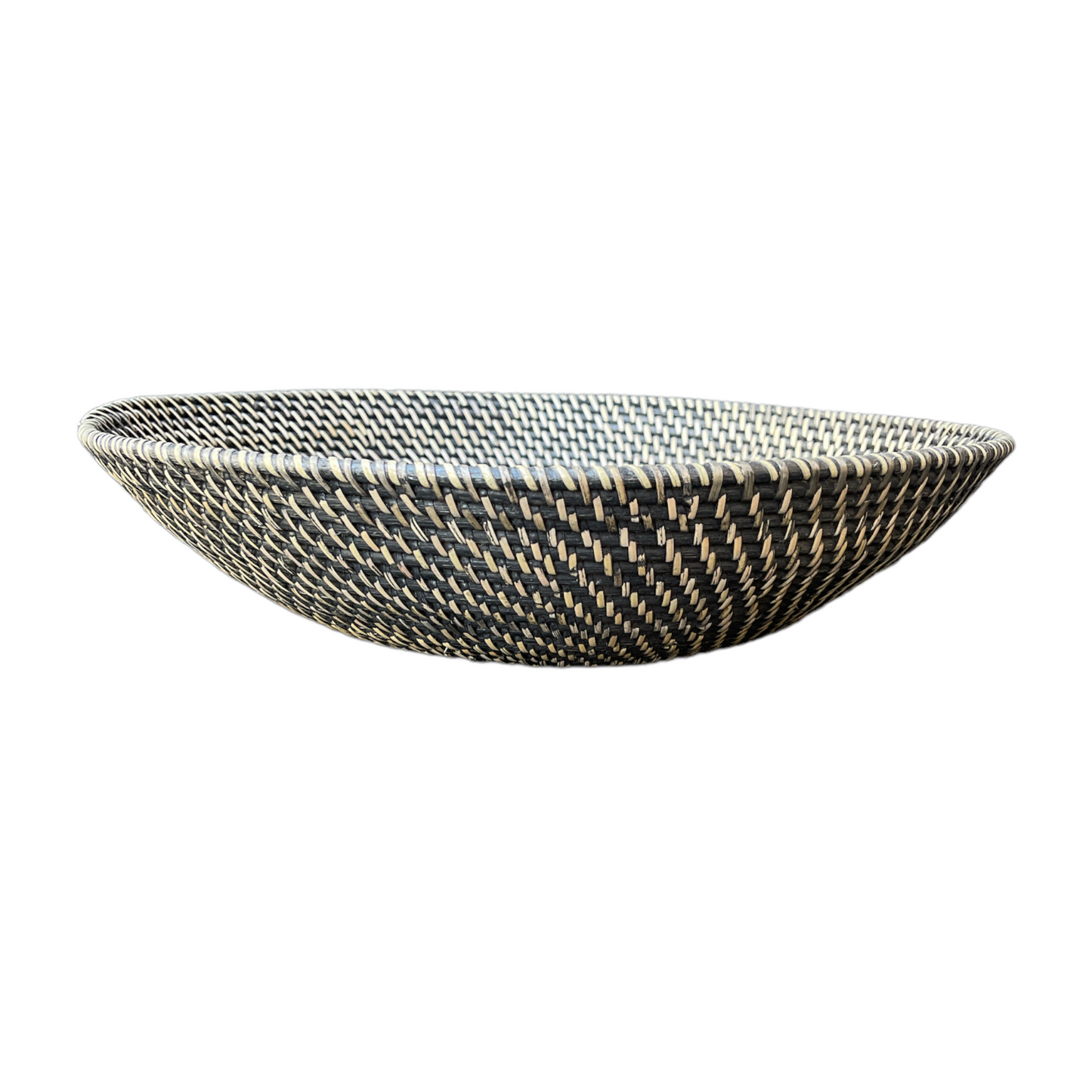 Elevate your dining table with the stunning Pecatu Black & Natural Rattan Bowl, skilfully handcrafted into a natural round form that exudes both functionality and sophistication. Front.