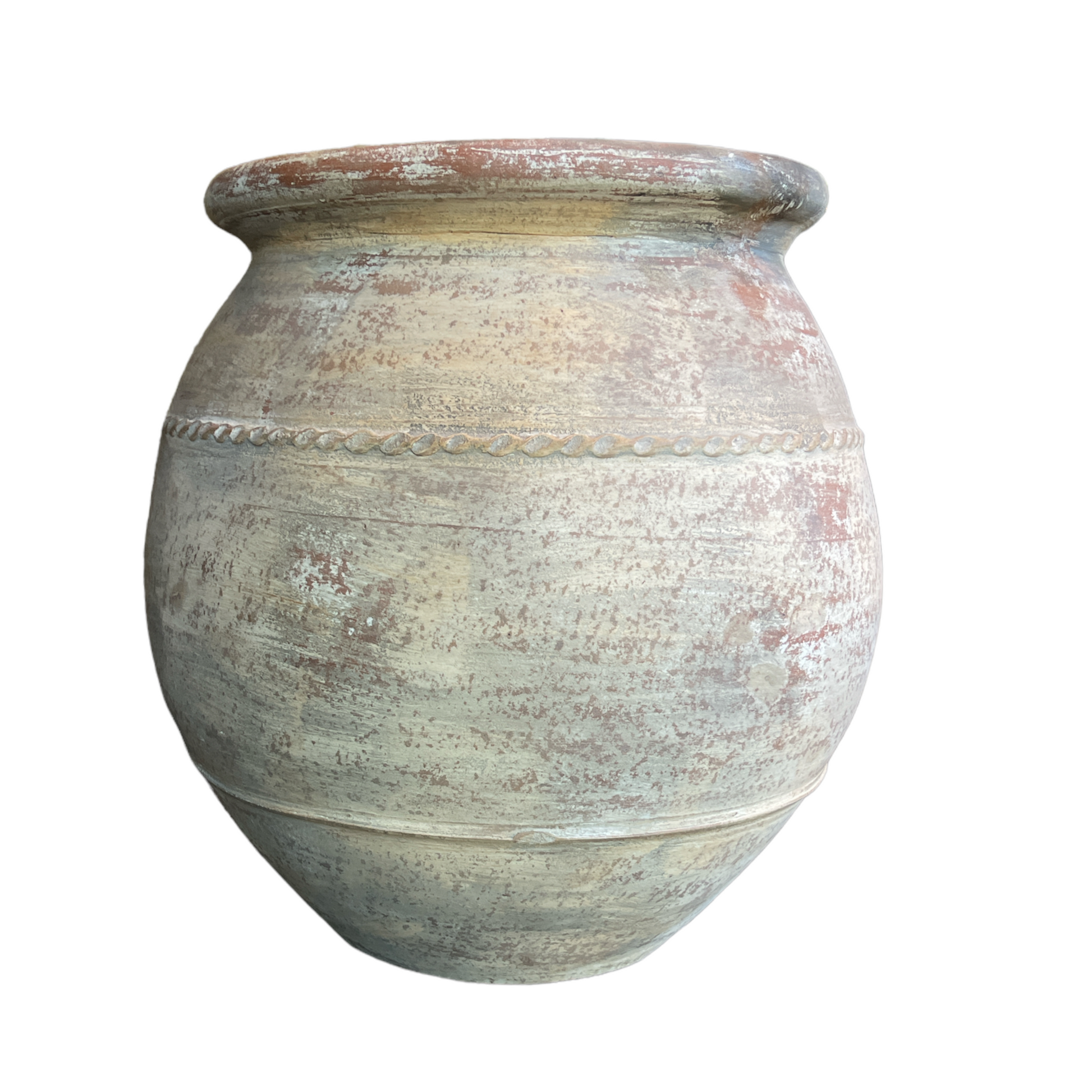 This Terracotta Pot boasts an impressive, aged exterior with attractive limewashed details that complement a variety of styles and spaces. Its generous size is ideal for both greenery and flowers, while the raised texture and rustic colors add a charming touch.