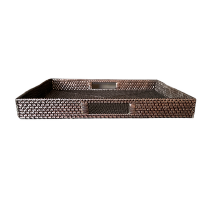 Impressively eye-catching, the dark rattan material and unique square shape of Angin Square Tray make it perfect for both styling and serving purposes. Front.