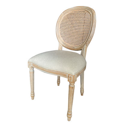 The elegant timeless Versailles Teak Rattan Chair features a weathered whitewash finish upholstered seat. Front