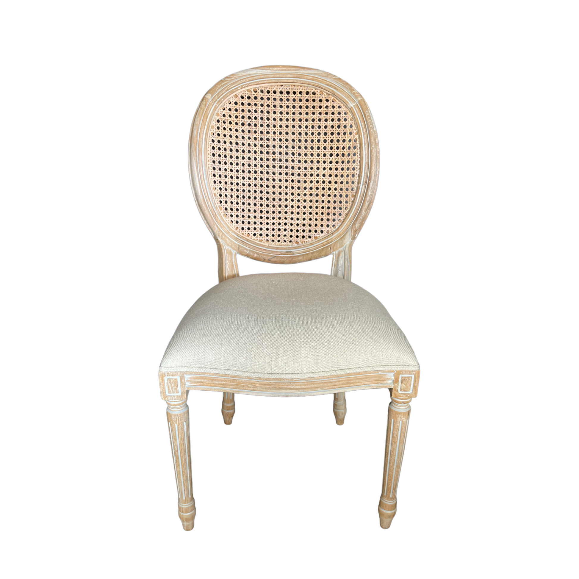 The elegant timeless Versailles Teak Rattan Chair features a weathered whitewash finish upholstered seat. Front