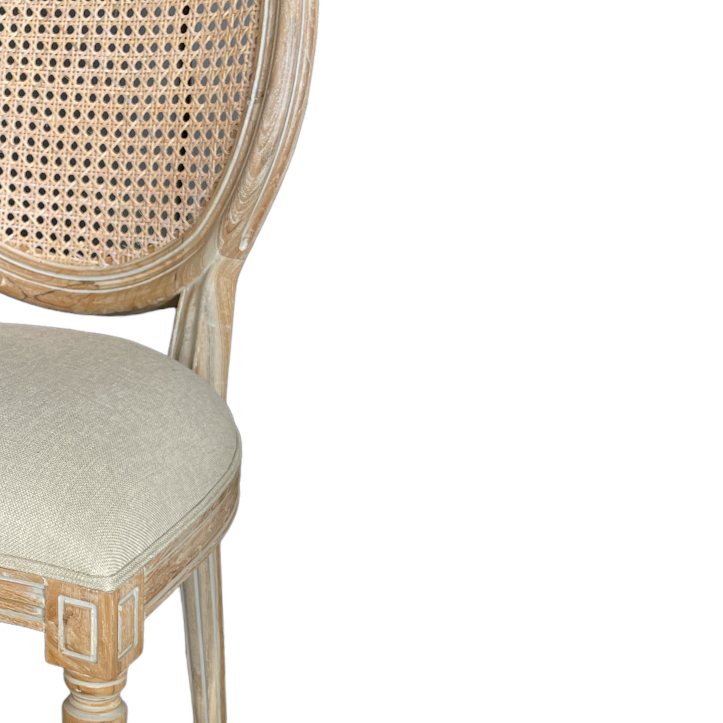 The elegant timeless Versailles Teak Rattan Chair features a weathered whitewash finish upholstered seat. Detail