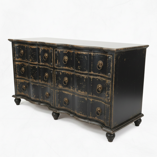 French inspired 6 drawer Commode Chest. Hand Crafted from Mahogany, this statement piece has been carefully distressed to create an authentic period timeworn appearance. Side