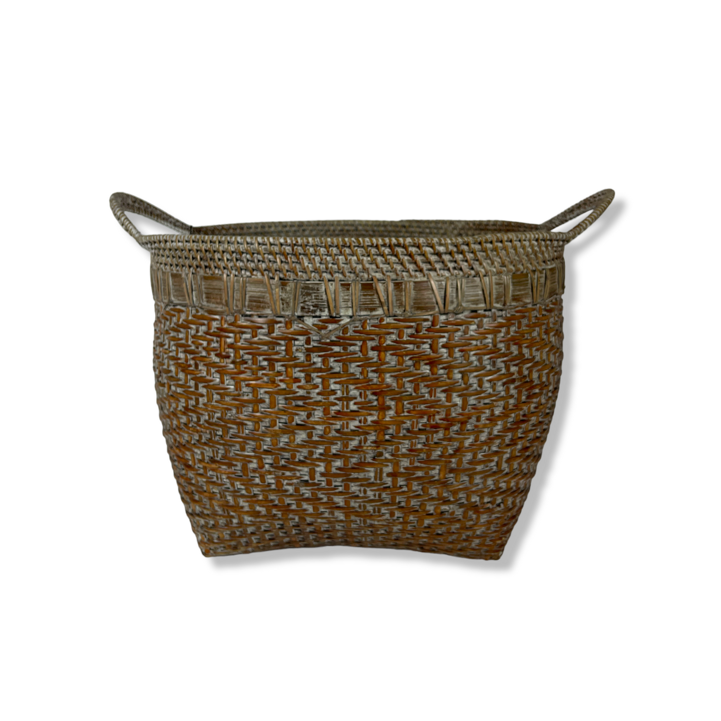 This traditional Ambon Handcrafted Whitewashed Basket hailing from a number of remote East Indonesian Island Villages, offers age-old charm, practical additional storage and stylish texture and warmth to your home. Front.